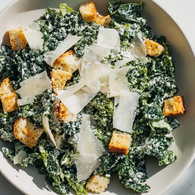 A large bowl of homemade Kale Caesar Salad with golden croutons and creamy dressing, ready to enjoy.