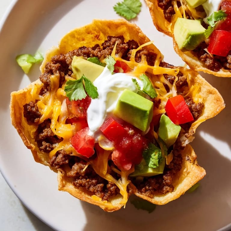 Warm, crispy mini taco cups filled with seasoned ground beef, perfect for a flavorful appetizer or party.
