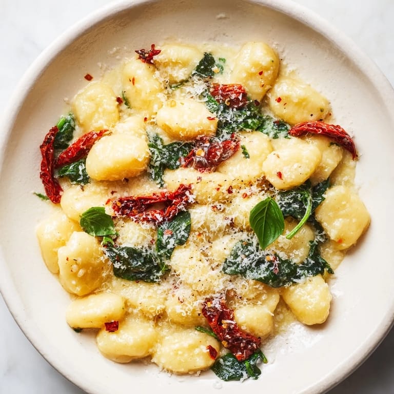 A close-up of the flavorful Creamy Tuscan Gnocchi, highlighting the garlic-infused cream and savory ingredients.