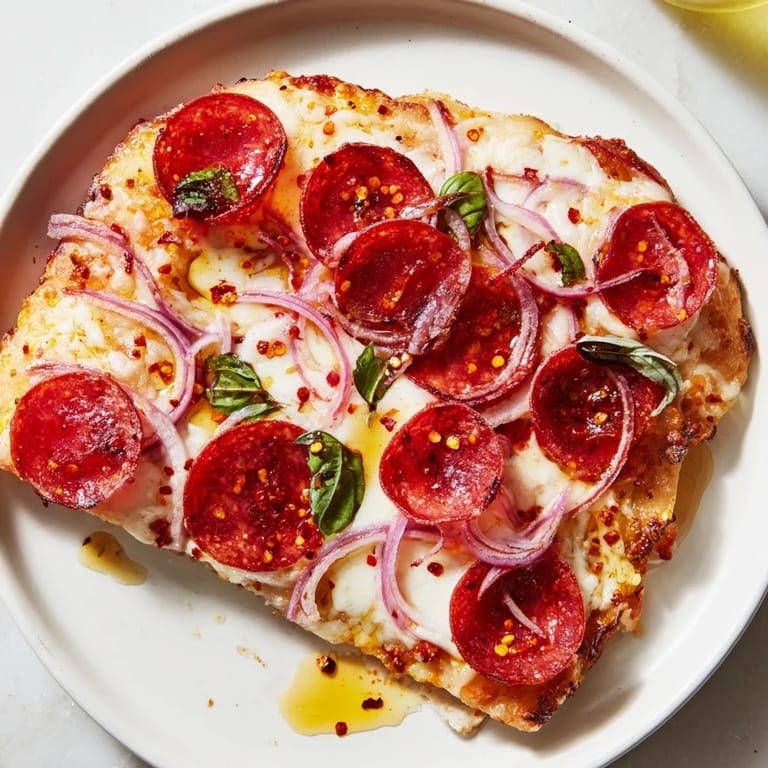 A close-up of a delicious hot honey pepperoni flatbread, ready to be sliced and enjoyed.