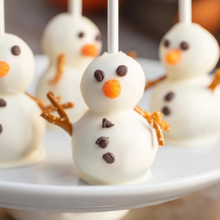 These festive Oreo Snowman Cake Pops feature adorable mini chocolate chip eyes and carrot noses.