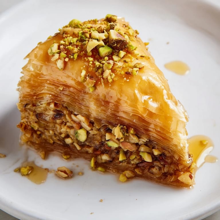 Close-up photo of flaky, buttery Turkish Hazelnut & Pistachio Baklava, ready to be enjoyed with a cup of coffee.