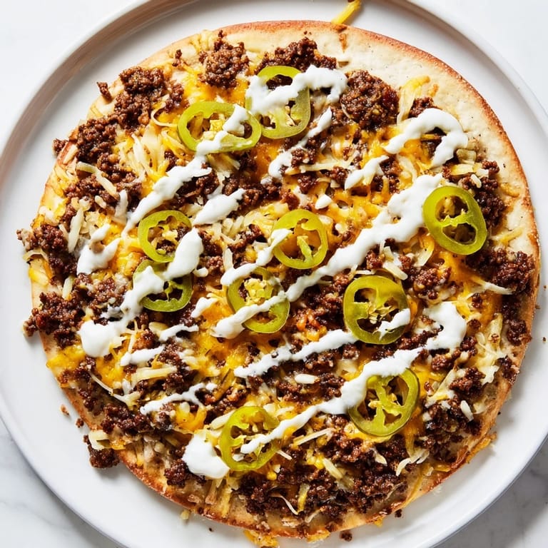 Golden crust topped with melted cheese, spicy jalapeños, and ground beef makes this Taco Pizza delicious.