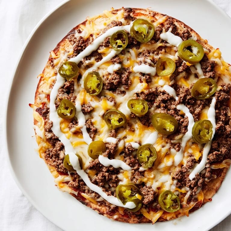 This Ground Beef Taco Pizza features a creamy sour cream drizzle, perfect for a family dinner.