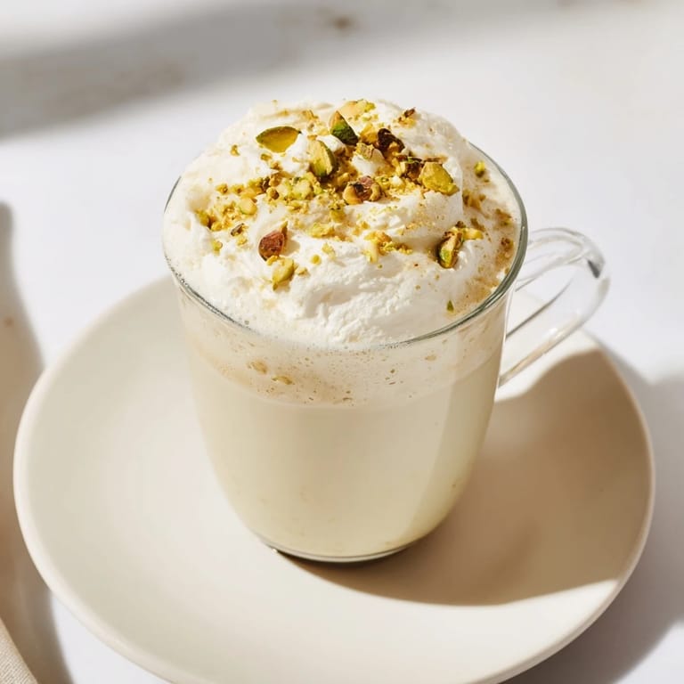 A beautifully crafted Pistachio Latte Cloud, garnished with pistachios and ready to enjoy now.