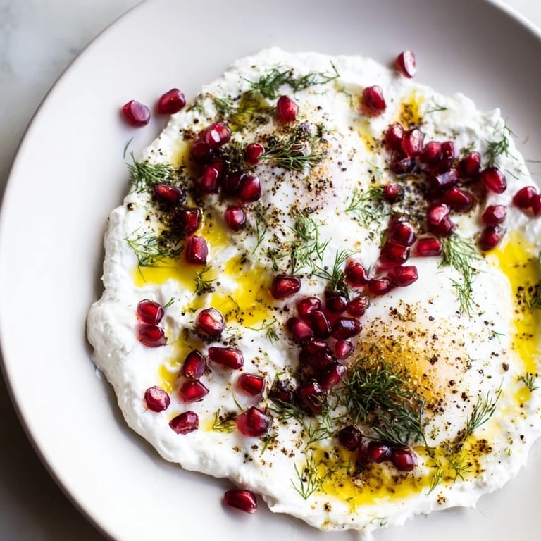 Close-up of a flavorful Çılbır dish: bright red pomegranate next to runny yolks on white yogurt.