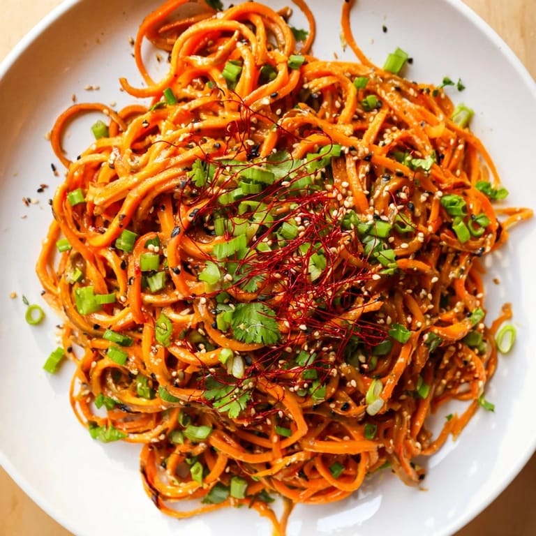 A refreshing close-up of Carrot Ribbon Salad Asian-Style with bright orange ribbons and sesame seed garnish.