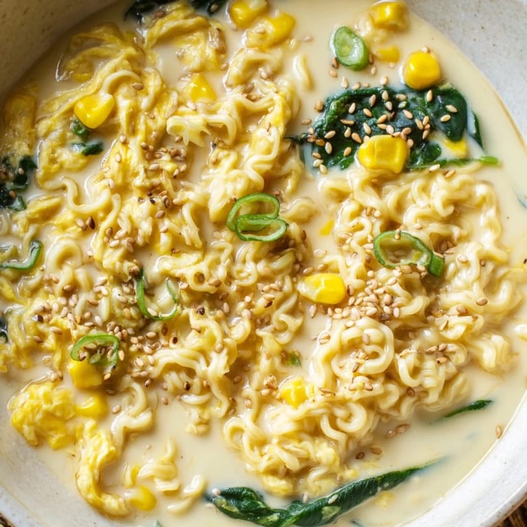 Garnished with scallions and sesame seeds, this warm, inviting Elevated Ramen Egg Drop Soup is delicious.