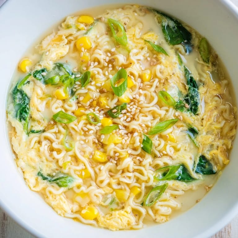 Enjoy the creamy texture of this quick and easy Elevated Ramen Egg Drop Soup, a satisfying meal.