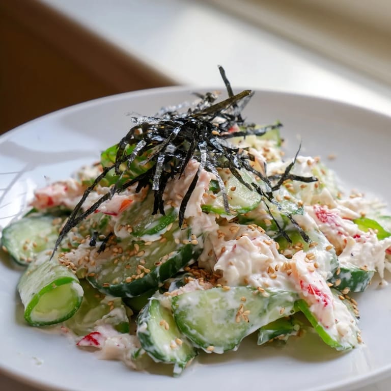 Brightly colored California Roll Cucumber Salad, with visible sesame seeds on top for textural contrast and flavor.