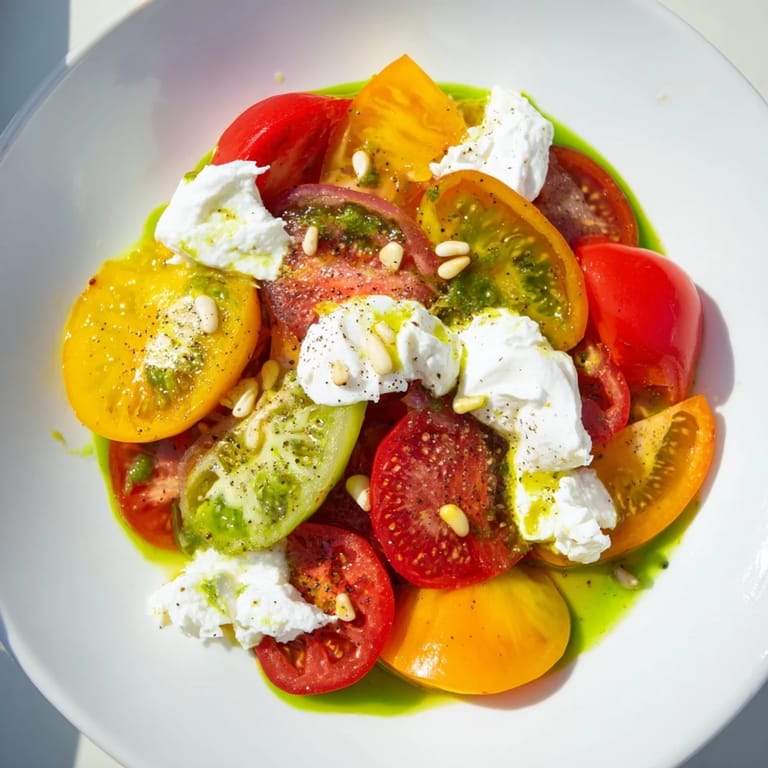 This impressive Heirloom Tomato Salad Board showcases sliced heirloom tomatoes and creamy cheese, perfect for sharing.