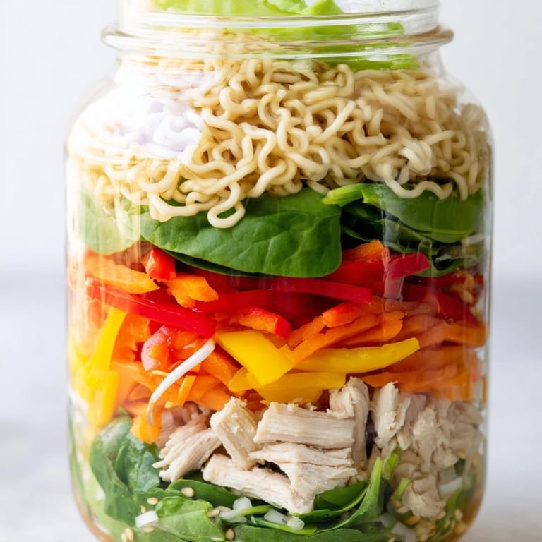 Layered mason jar noodle meal prep, inviting the imagination with fresh ingredients ready for a quick lunch.