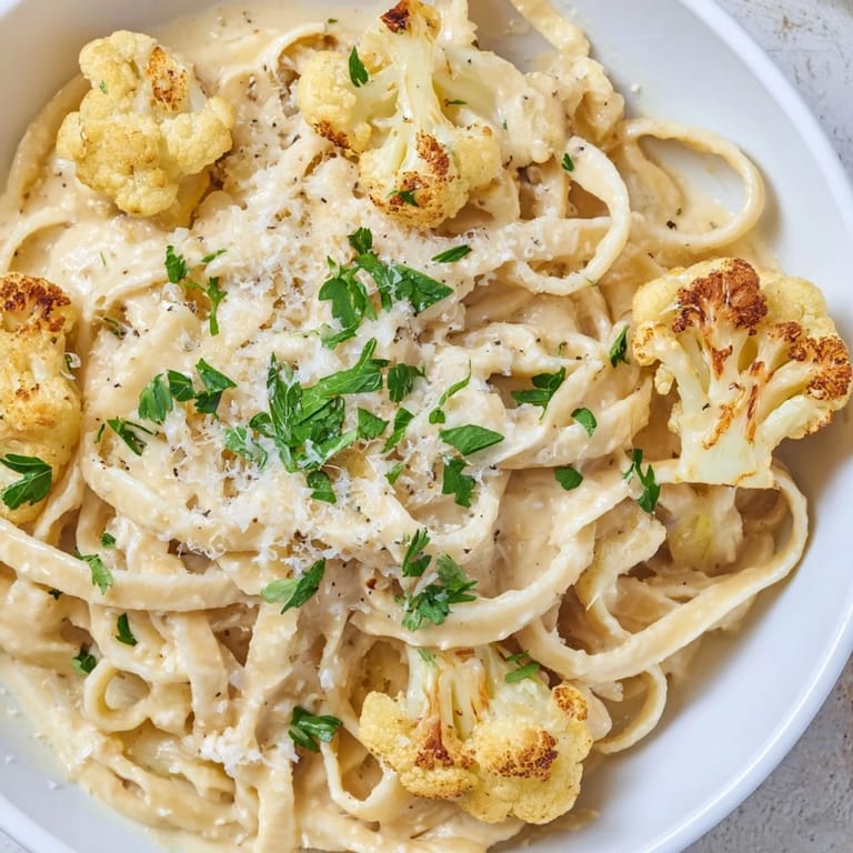 A close-up of a fork twirling pasta in rich Roasted Cauliflower Alfredo, highlighting the creamy texture and savory aroma.