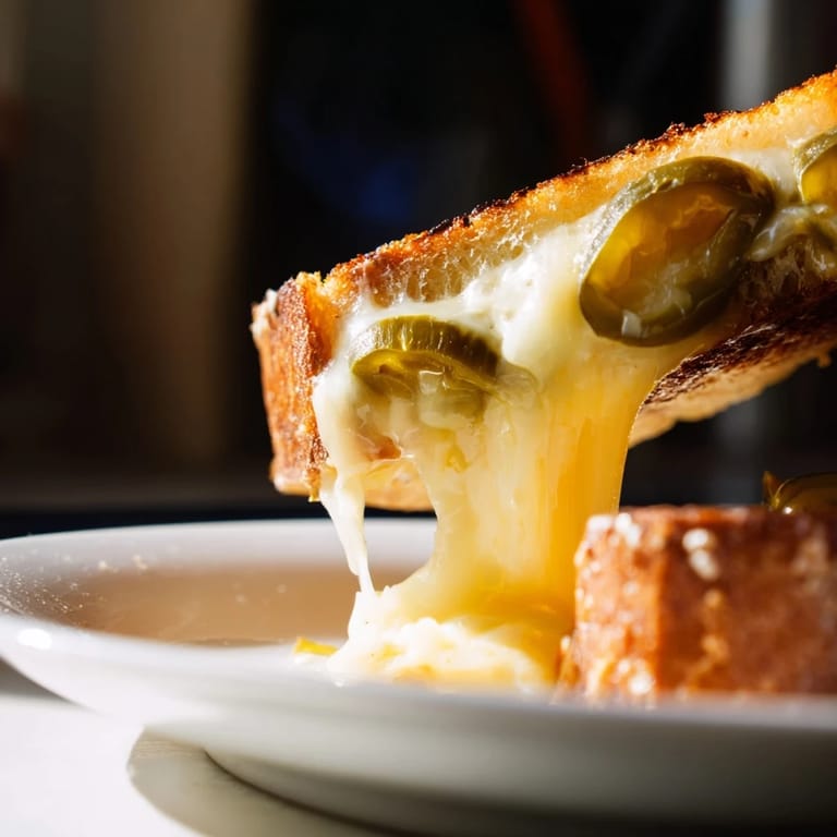 A cut wedge of Cheddar Jalapeño Grilled Cheese reveals layers of melted cheddar and spicy jalapeños between buttery toasted bread.