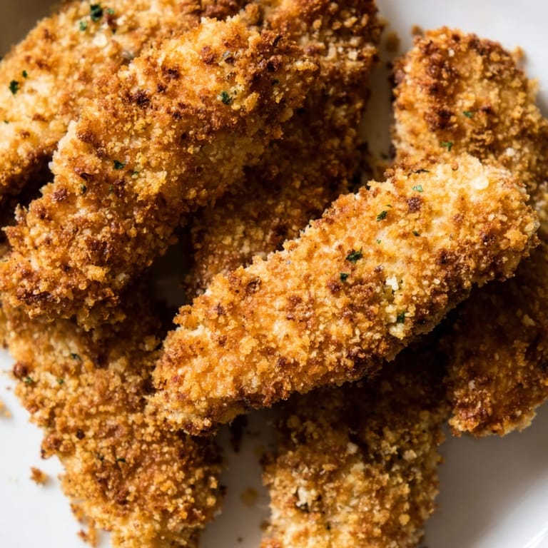 Close-up of golden-brown Crispy Panko Chicken Strips showing herbed panko coating and juicy chicken interior on a rustic plate.