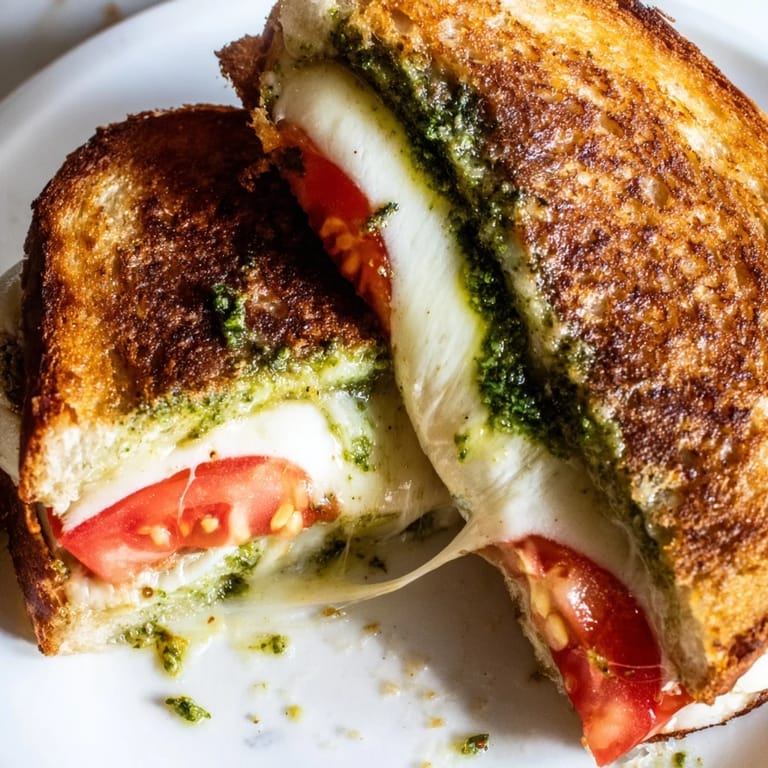 A close-up of a sliced Caprese Pesto Grilled Cheese revealing juicy tomato and pesto layers.