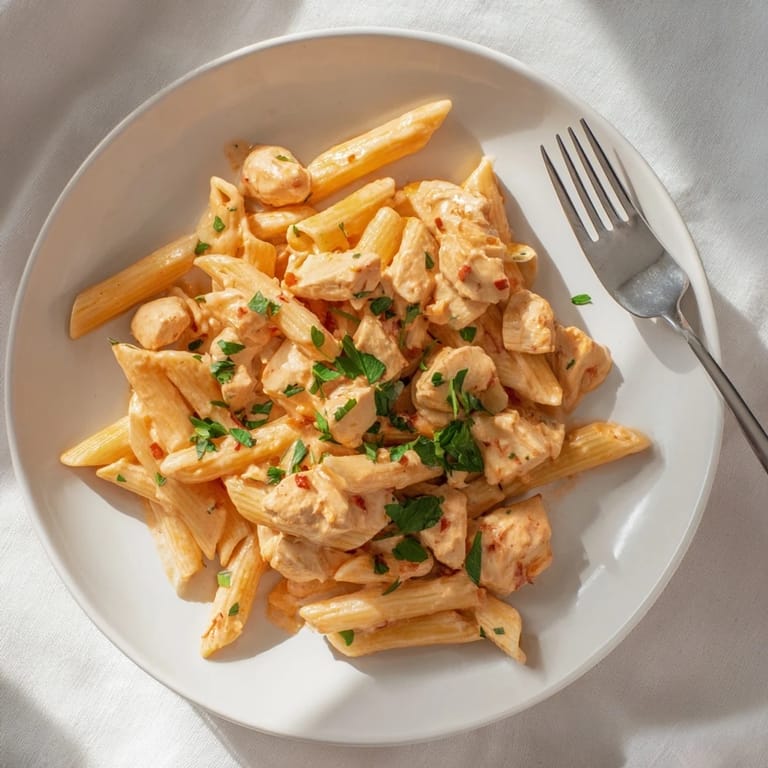 A warm skillet of Creamy Sun-Dried Tomato Chicken Pasta reveals al dente penne coated in rich sauce with vibrant sun-dried tomatoes.