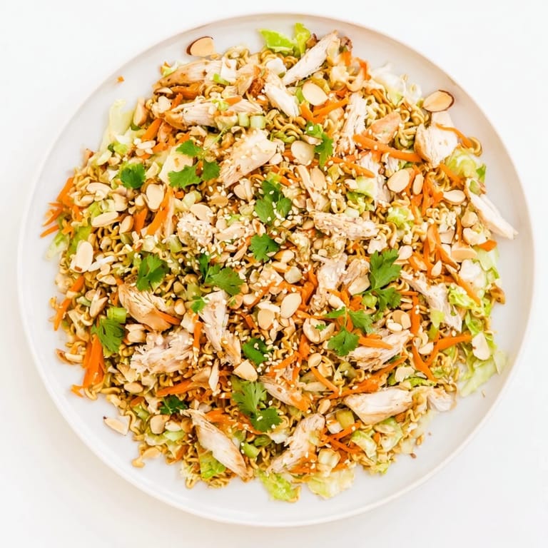 A vibrant Crunchy Ramen Chicken Salad garnished with almonds and scallions, ready to serve at a potluck.
