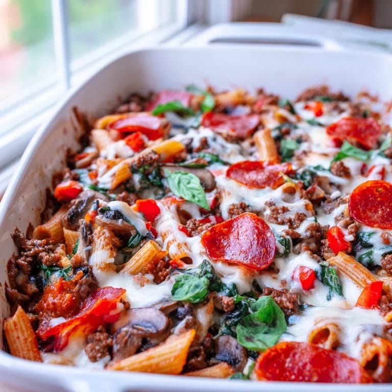 A scoop of the savory High Protein Italian Beef and Pasta Bake shows a hearty mix of whole wheat pasta, lean ground beef, sautéed bell peppers, mushrooms, and wilted spinach in a robust tomato sauce.