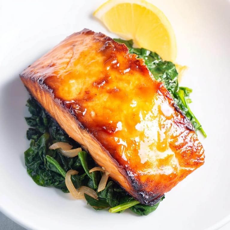 Golden-brown miso salmon rests atop garlicky sautéed spinach, garnished with lemon wedges for a bright, citrusy finishing touch.