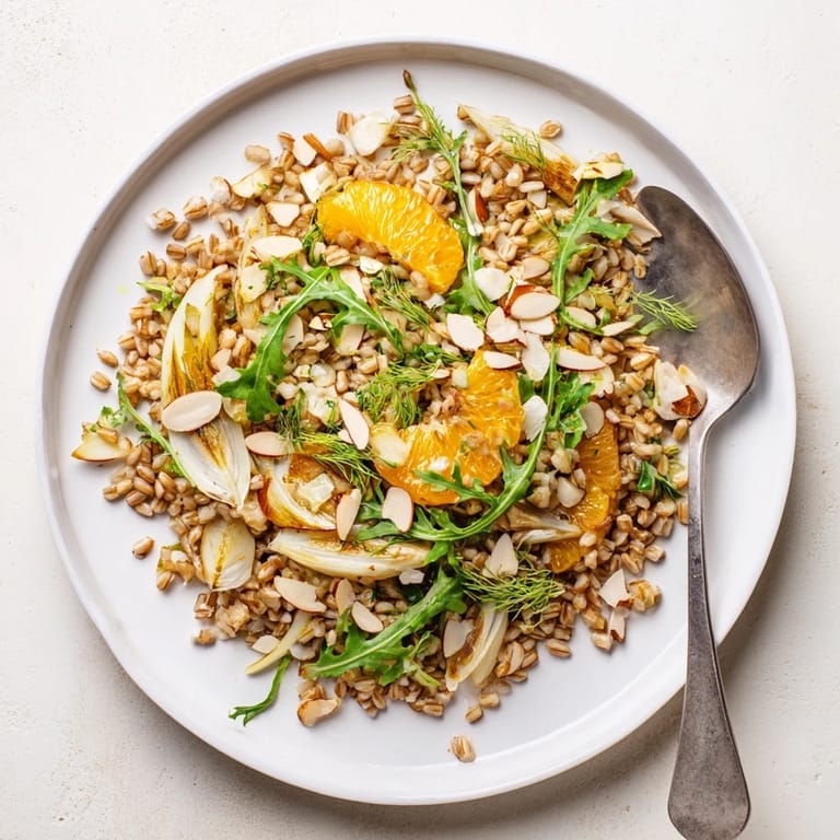 Bright Mediterranean flavors in a bowl of farro salad with fennel, oranges, and almonds.