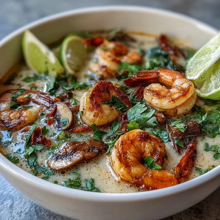 A close-up of Thai Coconut Shrimp Soup in a white bowl, garnished with cilantro, green onions, and lime wedges.