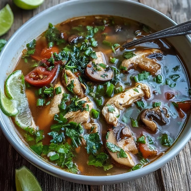Overhead view of a finished pot of Tom Yum Chicken, showcasing the colorful vegetables and herbs floating in the fragrant, golden broth ready to be served.