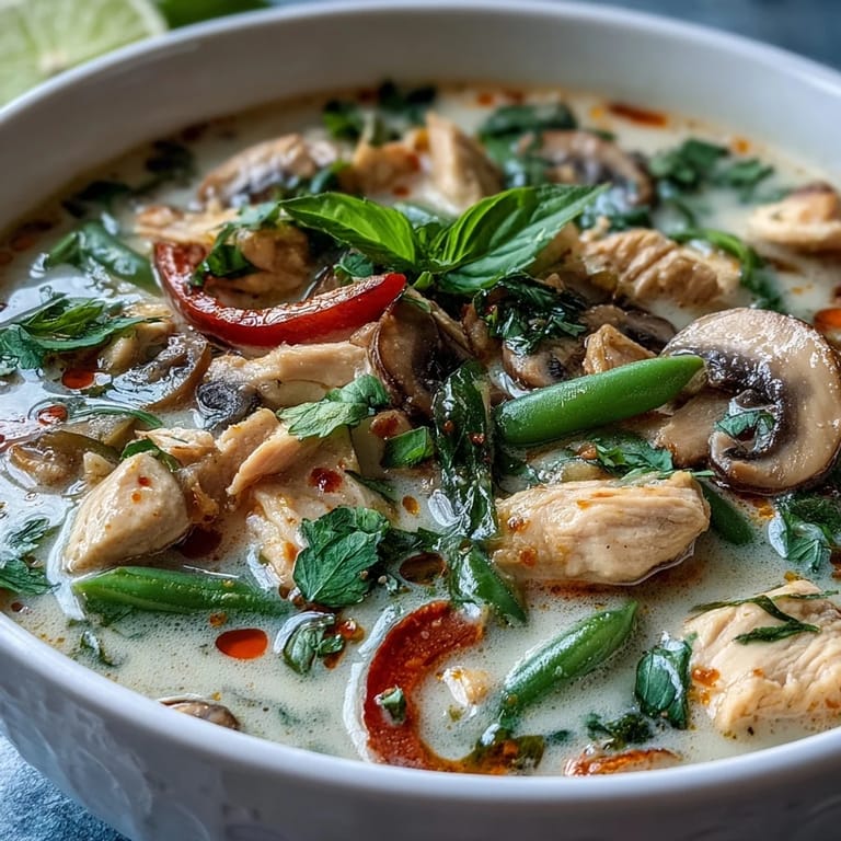 Thai Chicken Coconut Curry Soup served with lime wedges and fresh Thai basil, ready to eat.