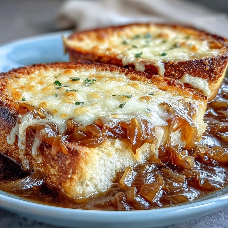Golden melted Gruyère cheese stretches over a slice of toasted bread floating in rich French Onion Soup with visible thyme leaves.