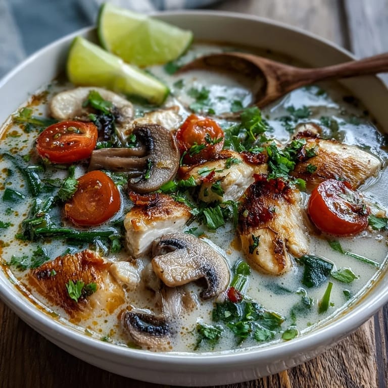 Creamy Best Ever Tom Kha Gai Soup garnished with cilantro, green onions, and bright lime wedges.