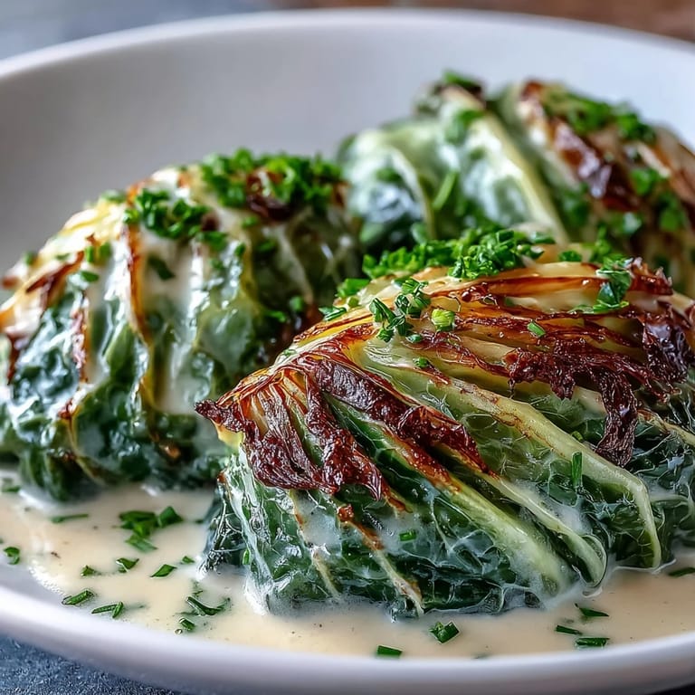 Golden cabbage wedges resting in a savory parmesan broth, served with crusty bread nearby.