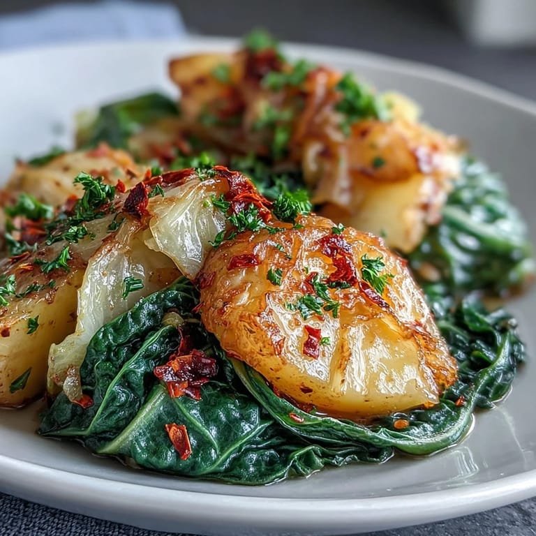 Hearty braised cabbage with potatoes and chili, finished with lemon wedges for a bright, comforting side dish.