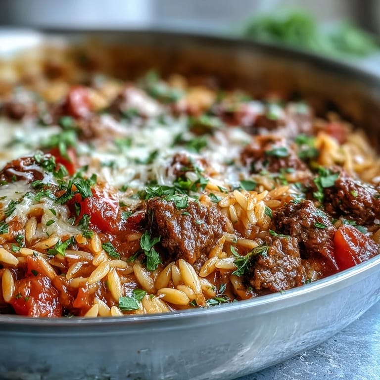 A hearty bowl of Comforting Ground Beef Orzo Dinner, with tender orzo, juicy tomatoes, and sweet peas, ready to serve.