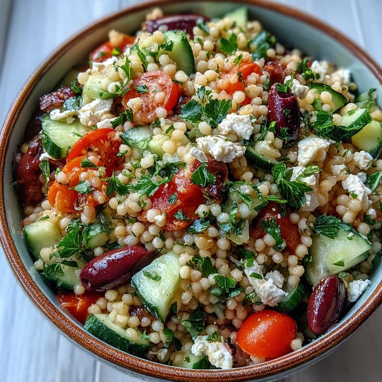 A serving of chilled Mediterranean Pearl Couscous topped with savory feta, red onion, and a zesty oregano vinaigrette.