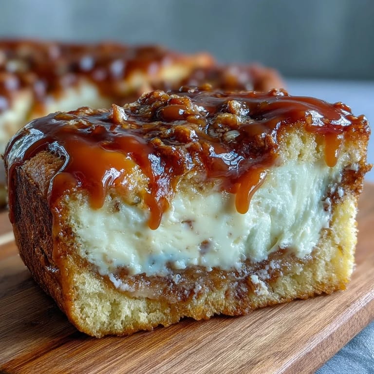 A thick slice of Caramel Cream Cheese Bread reveals a rich cream cheese filling and sweet caramel ribbon inside.