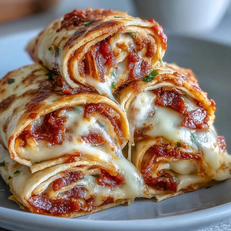 Spiraled Tortilla Pizza Rolls show melted mozzarella, zesty tomato sauce, and pepperoni inside, served warm on a rustic board.