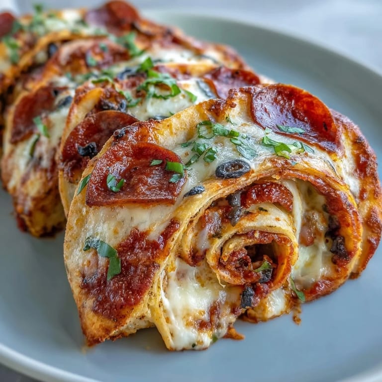 Five sliced Tortilla Pizza Rolls display pepperoni and bell peppers, resting beside a small bowl of warm marinara for dipping.