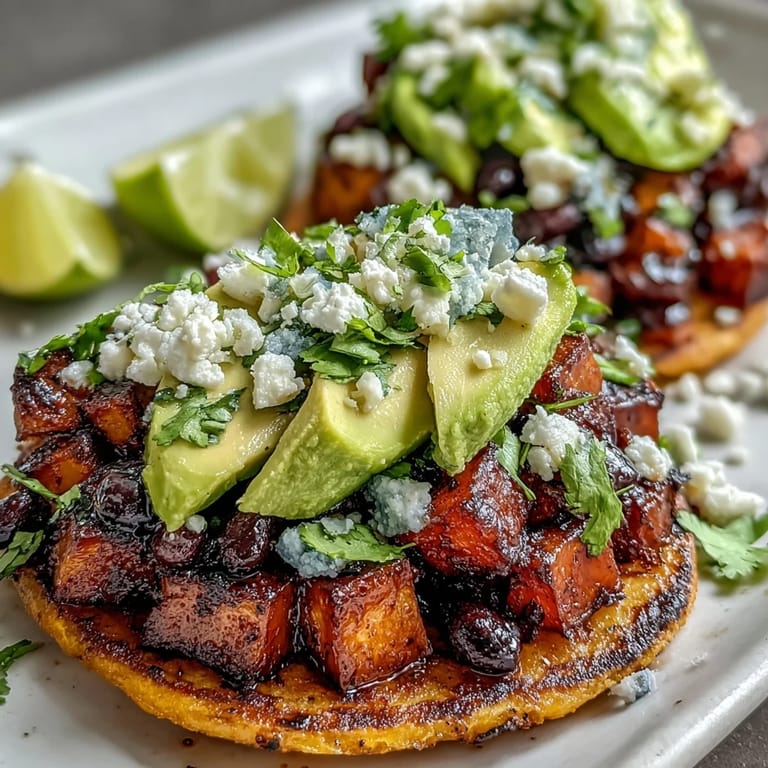 Black Bean and Sweet Potato Tostadas are garnished with creamy avocado slices and crumbled feta cheese.