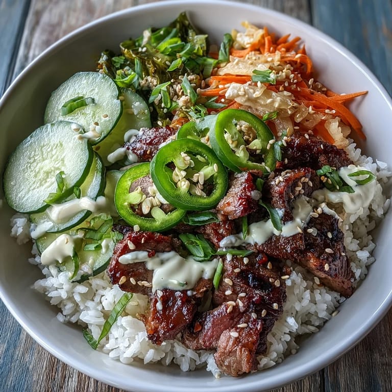 A close-up of the Korean Beef Power Bowl showcases drizzled creamy sriracha mayo and toasted sesame seeds over the warm, savory ingredients.  