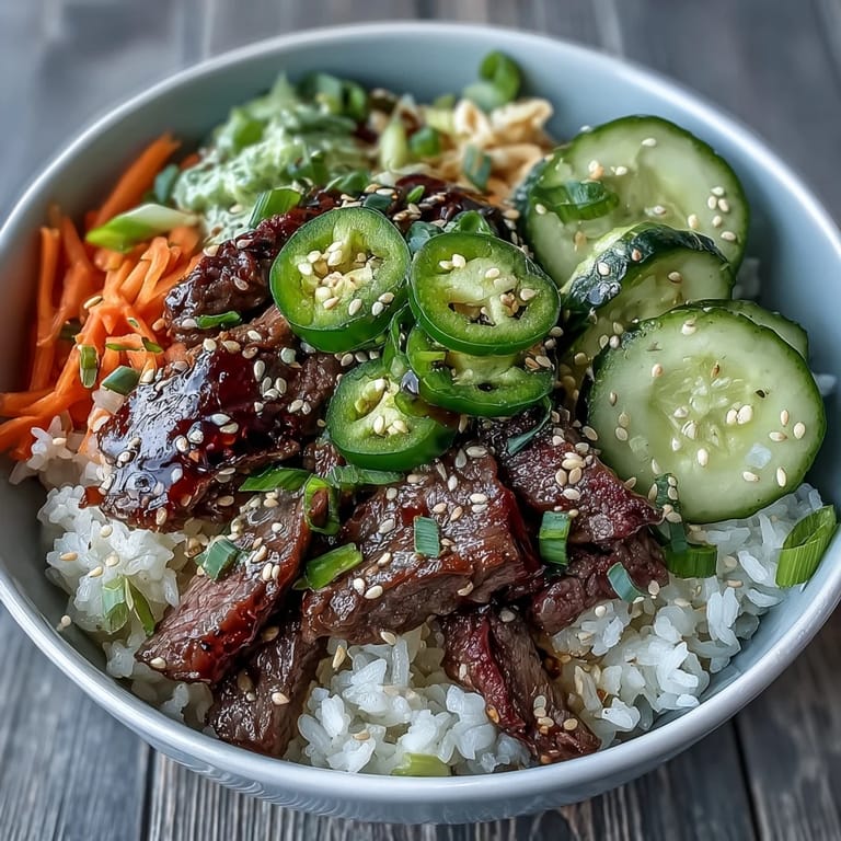 An overhead view of the Korean Beef Power Bowl reveals contrasting textures and fresh toppings for a balanced, protein-packed meal.