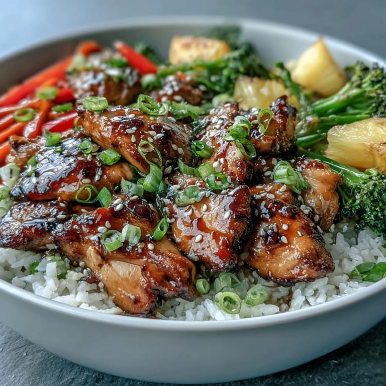 Homemade teriyaki chicken and rice bowl featuring glossy sauce and toasted sesame seeds.