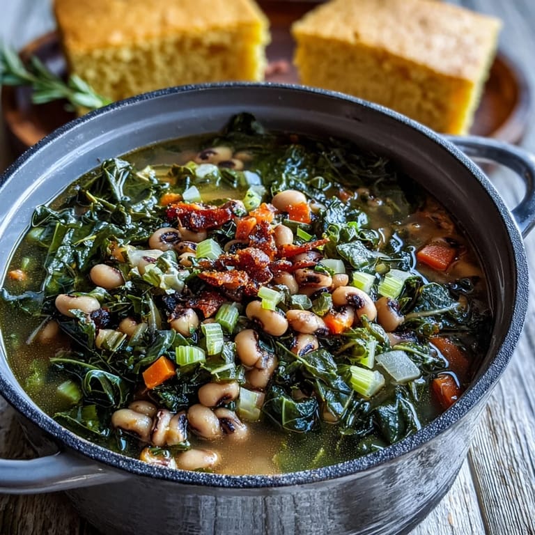 Steam rises from tender Black-Eyed Peas With Collard Greens simmered with smoked paprika, presented in a pot beside vibrant greens and sliced cornbread.