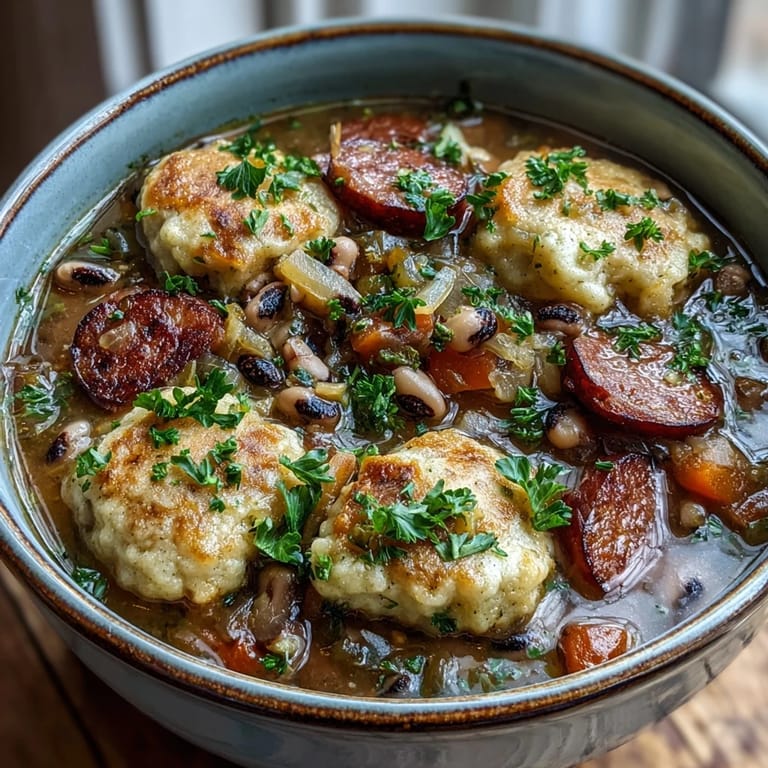 Overhead view of a Dutch oven filled with Black-Eyed Peas and Sausage Dumplings, showcasing spoonfuls of steaming dumplings atop savory peas and sausage for a hearty Southern meal.
