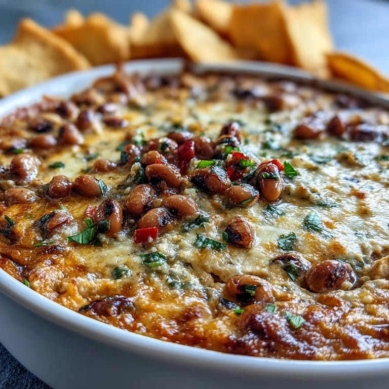 Creamy and spicy Hot Black-Eyed Pea Dip with Jalapeño and Cumin served warm with crunchy tortilla chips.