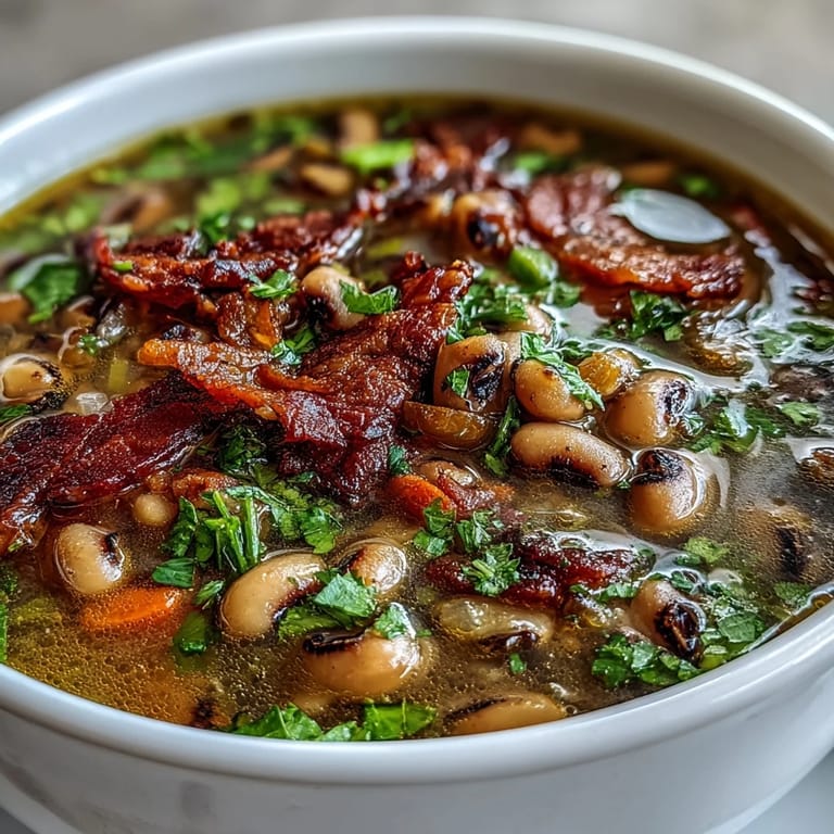 Crumbled bacon and fresh parsley garnish this hearty Southern Black-Eyed Peas and Bacon Soup.