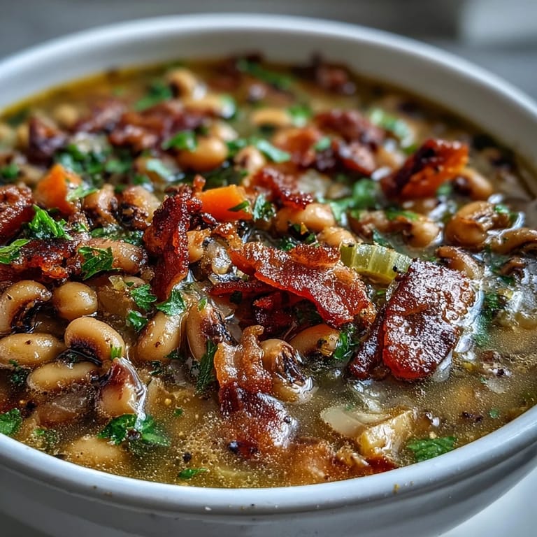 Black-Eyed Peas and Bacon Soup simmering in a Dutch oven, showing tender peas and carrots.