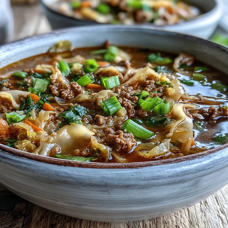 Ladle pouring Cozy One-Pot Egg Roll Soup with tender pork, cabbage, and carrots.