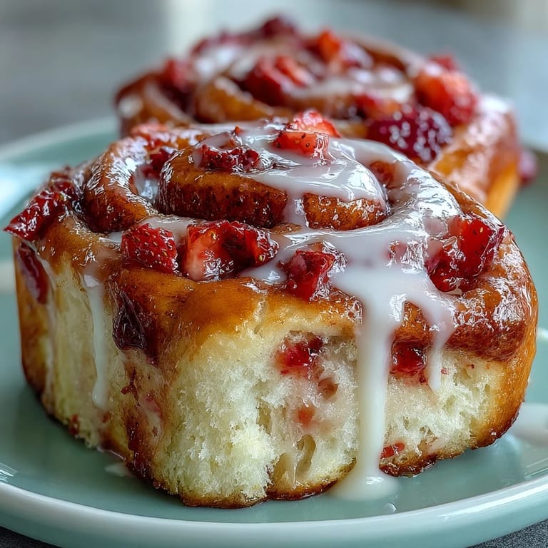 Golden, fluffy Strawberry Cinnamon Rolls are pulled apart to reveal sweet strawberry filling and glaze.