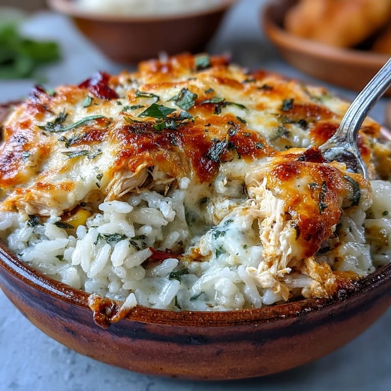 Steam rises from the cheesy Creamy Garlic Chicken & Rice Casserole, revealing tender chicken and fluffy rice baked in a savory garlic parmesan sauce.