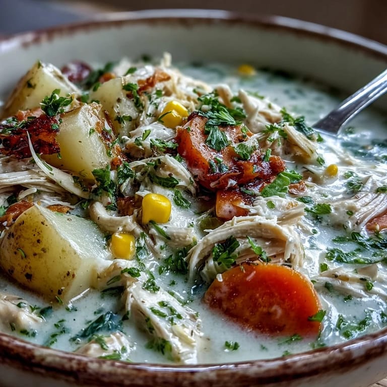 Close-up of hearty Ranch Chicken Veggie Soup featuring zucchini, carrots, and red bell peppers.